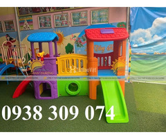 Bộ cầu trượt 2 khối nhà, nhà khối cầu trượt nhựa trẻ em